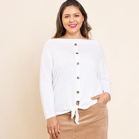 LONG Sleeve Knit Off Shoulder Faux Button Front Top with Waist Tie and Scoop Hem - Picture 1 of 3